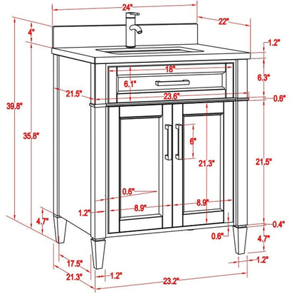 Vanity Art Savona 24" Single White Freestanding Modern Bathroom Vanity Set With Carrara Marble Top, Undermount Ceramic Sink, 1 Dovetail Drawer Cabinet, Backsplash and Mirror