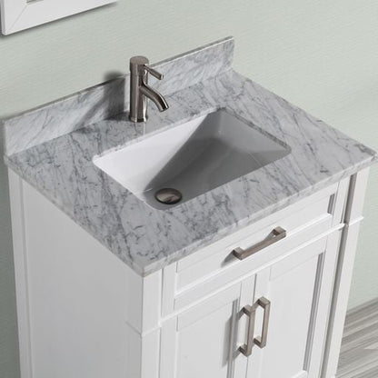 Vanity Art Savona 24" Single White Freestanding Modern Bathroom Vanity Set With Carrara Marble Top, Undermount Ceramic Sink, 1 Dovetail Drawer Cabinet, Backsplash and Mirror