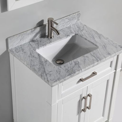 Vanity Art Savona 24" Single White Freestanding Modern Bathroom Vanity Set With Carrara Marble Top, Undermount Ceramic Sink, 1 Dovetail Drawer Cabinet, Backsplash and Mirror