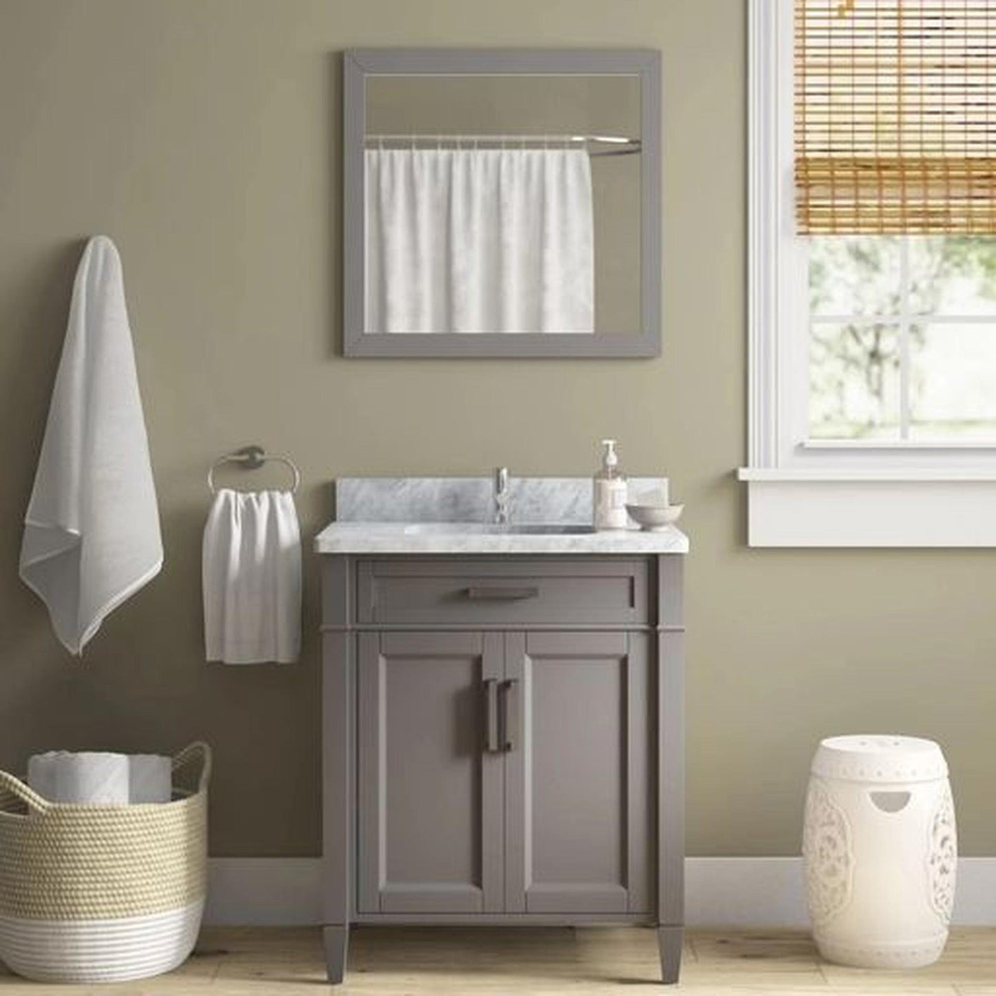 Vanity Art Savona 30" Single Gray Freestanding Modern Bathroom Vanity Set With Carrara Marble Top, Undermount Ceramic Sink, 1 Dovetail Drawer Cabinet, Backsplash and Mirror