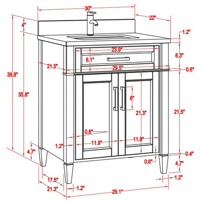 Vanity Art Savona 30" Single White Freestanding Modern Bathroom Vanity Set With Carrara Marble Top, Undermount Ceramic Sink, 1 Dovetail Drawer Cabinet, Backsplash and Mirror