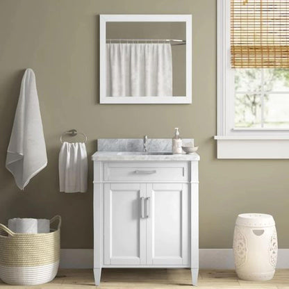 Vanity Art Savona 30" Single White Freestanding Modern Bathroom Vanity Set With Carrara Marble Top, Undermount Ceramic Sink, 1 Dovetail Drawer Cabinet, Backsplash and Mirror