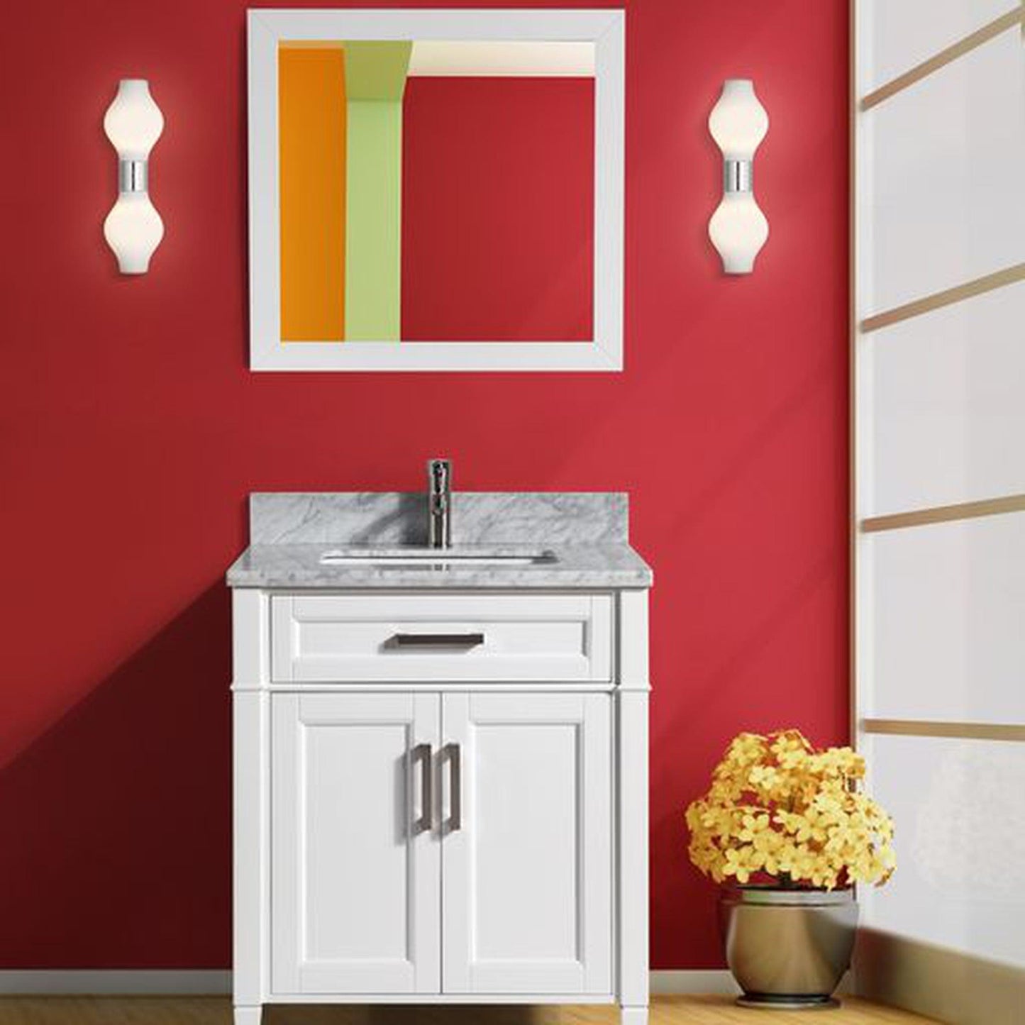 Vanity Art Savona 30" Single White Freestanding Modern Bathroom Vanity Set With Carrara Marble Top, Undermount Ceramic Sink, 1 Dovetail Drawer Cabinet, Backsplash and Mirror