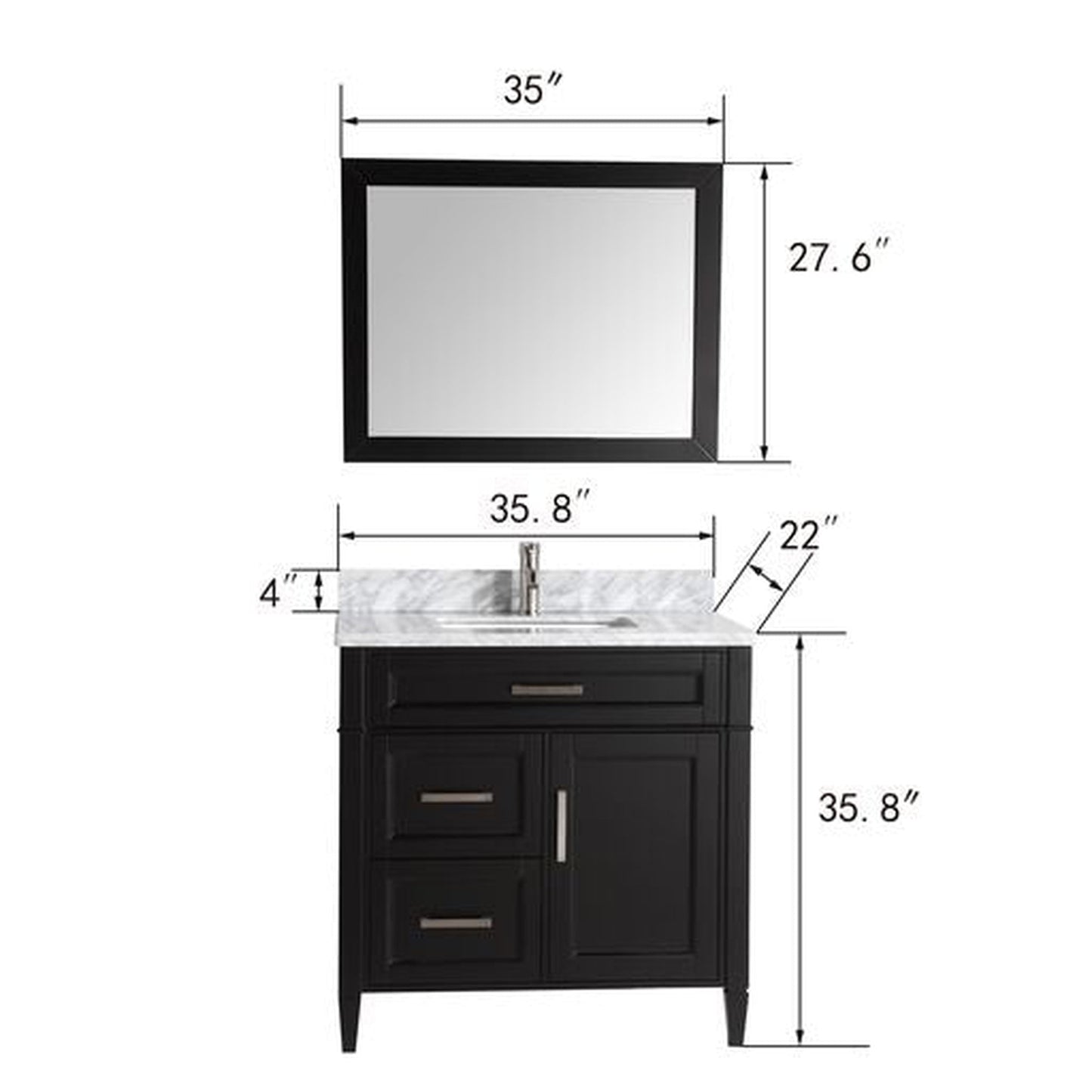 Vanity Art Savona 36" Single Espresso Freestanding Modern Bathroom Vanity Set With Carrara Marble Top, Undermount Ceramic Sink, 3 Dovetail Drawer Cabinet, Backsplash and Mirror