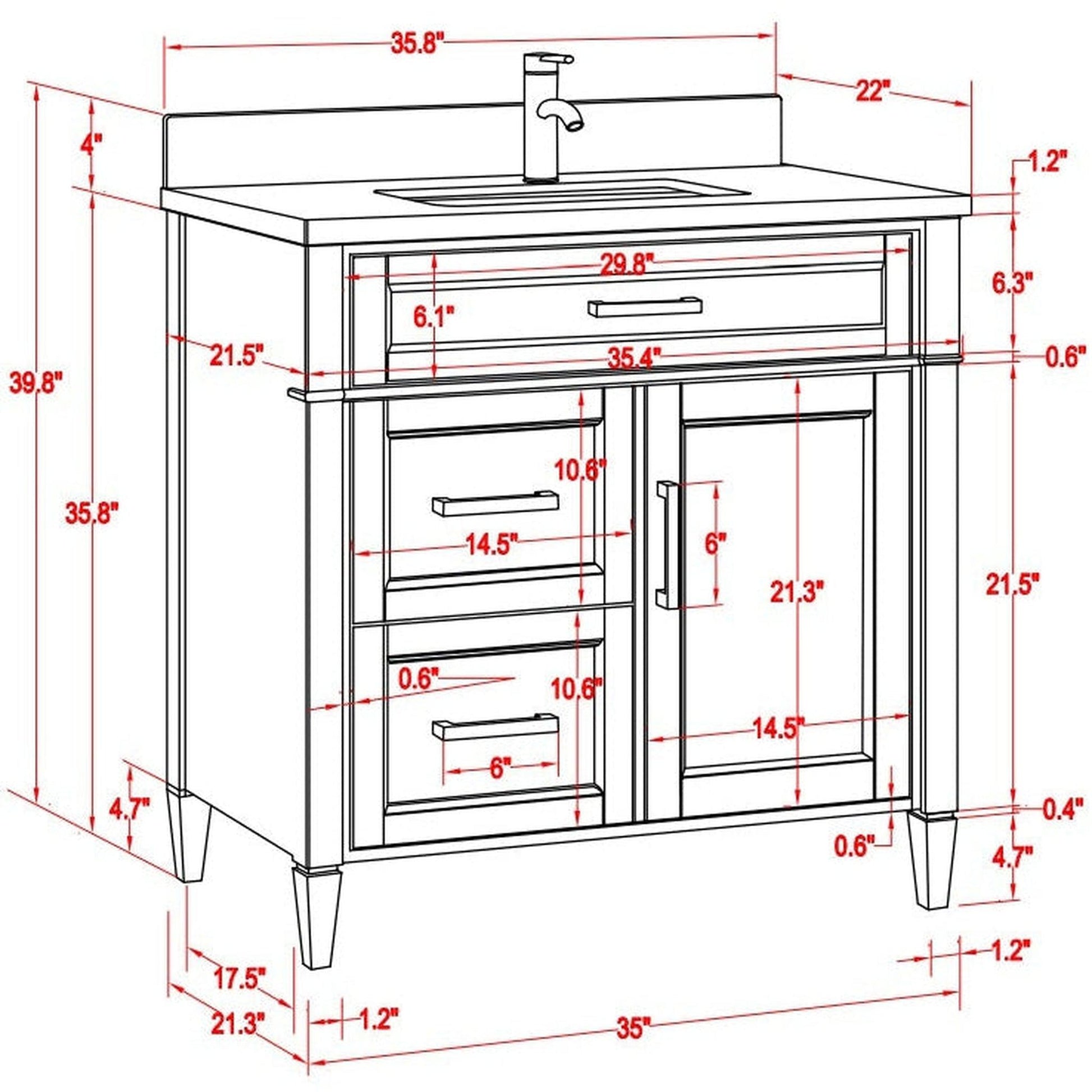 Vanity Art Savona 36" Single Espresso Freestanding Modern Bathroom Vanity Set With Carrara Marble Top, Undermount Ceramic Sink, 3 Dovetail Drawer Cabinet, Backsplash and Mirror