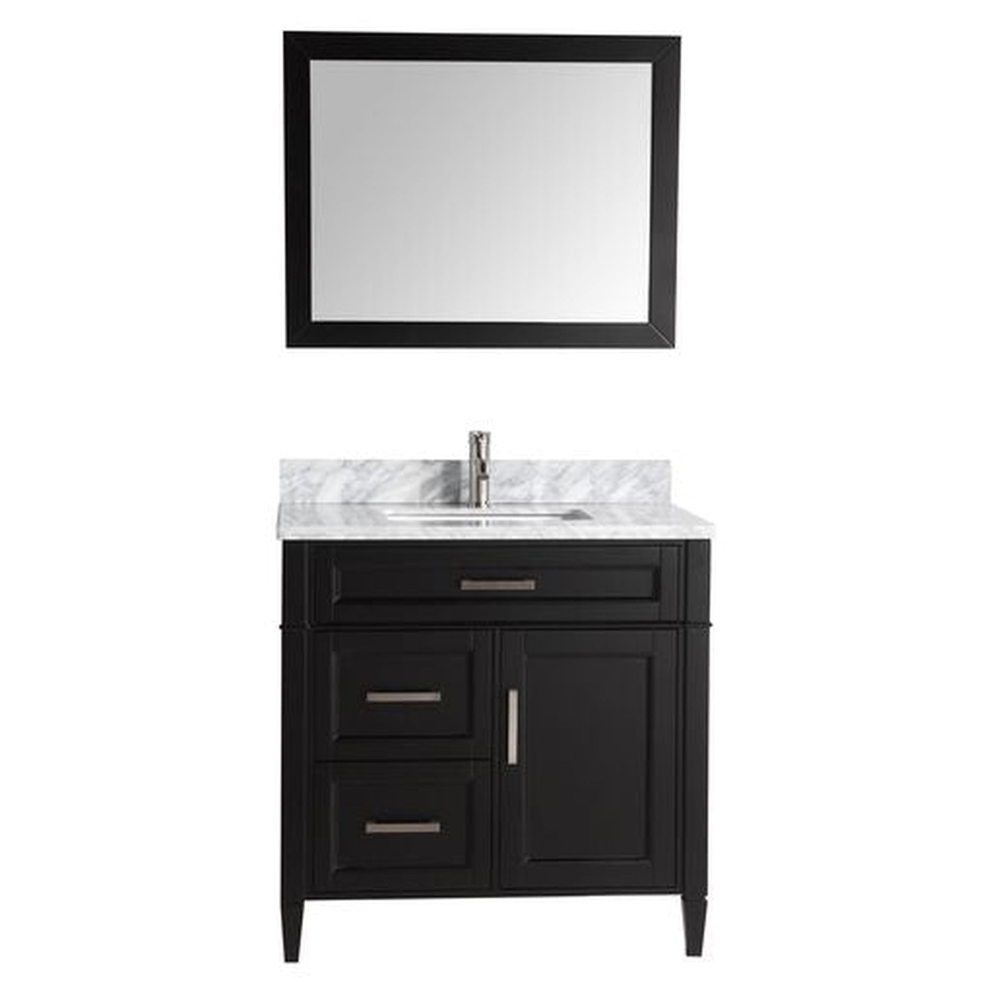 Vanity Art Savona 36" Single Espresso Freestanding Modern Bathroom Vanity Set With Carrara Marble Top, Undermount Ceramic Sink, 3 Dovetail Drawer Cabinet, Backsplash and Mirror