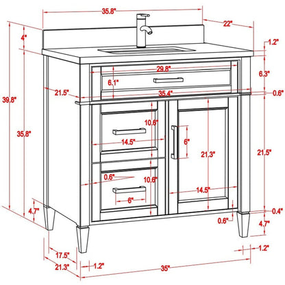 Vanity Art Savona 36" Single Gray Freestanding Modern Bathroom Vanity Set in Carrara Marble Stone Top With Undermount Ceramic Sink, 3 Dovetail Drawer Cabinet, Backsplash and Mirror