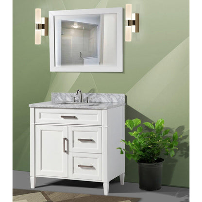 Vanity Art Savona 36" Single White Freestanding Modern Bathroom Vanity Set With Carrara Marble Top, Undermount Ceramic Sink, 3 Dovetail Drawer Cabinet, Backsplash and Mirror