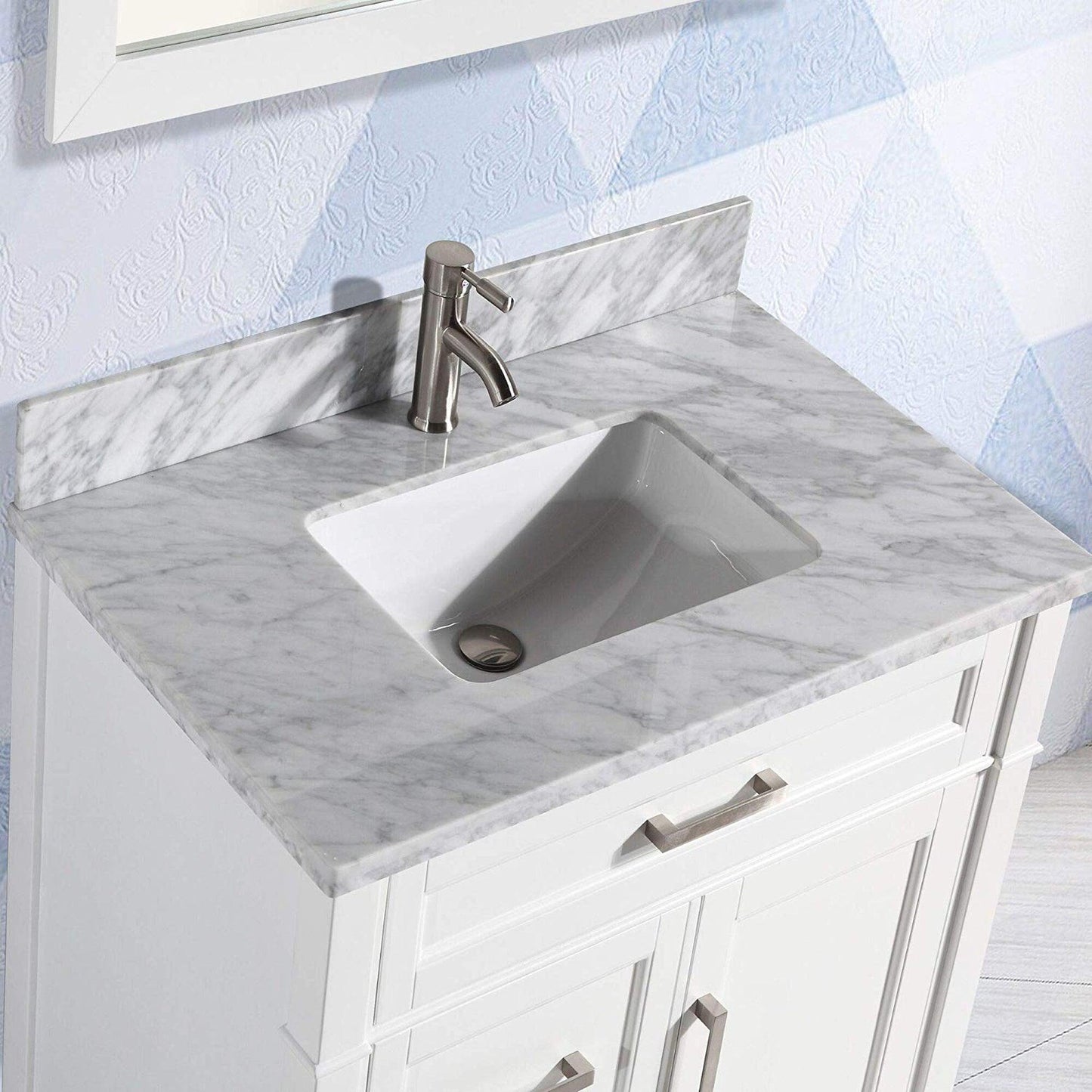 Vanity Art Savona 36" Single White Freestanding Modern Bathroom Vanity Set With Carrara Marble Top, Undermount Ceramic Sink, 3 Dovetail Drawer Cabinet, Backsplash and Mirror