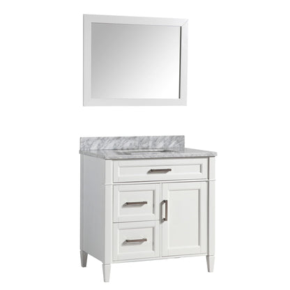 Vanity Art Savona 36" Single White Freestanding Modern Bathroom Vanity Set With Carrara Marble Top, Undermount Ceramic Sink, 3 Dovetail Drawer Cabinet, Backsplash and Mirror