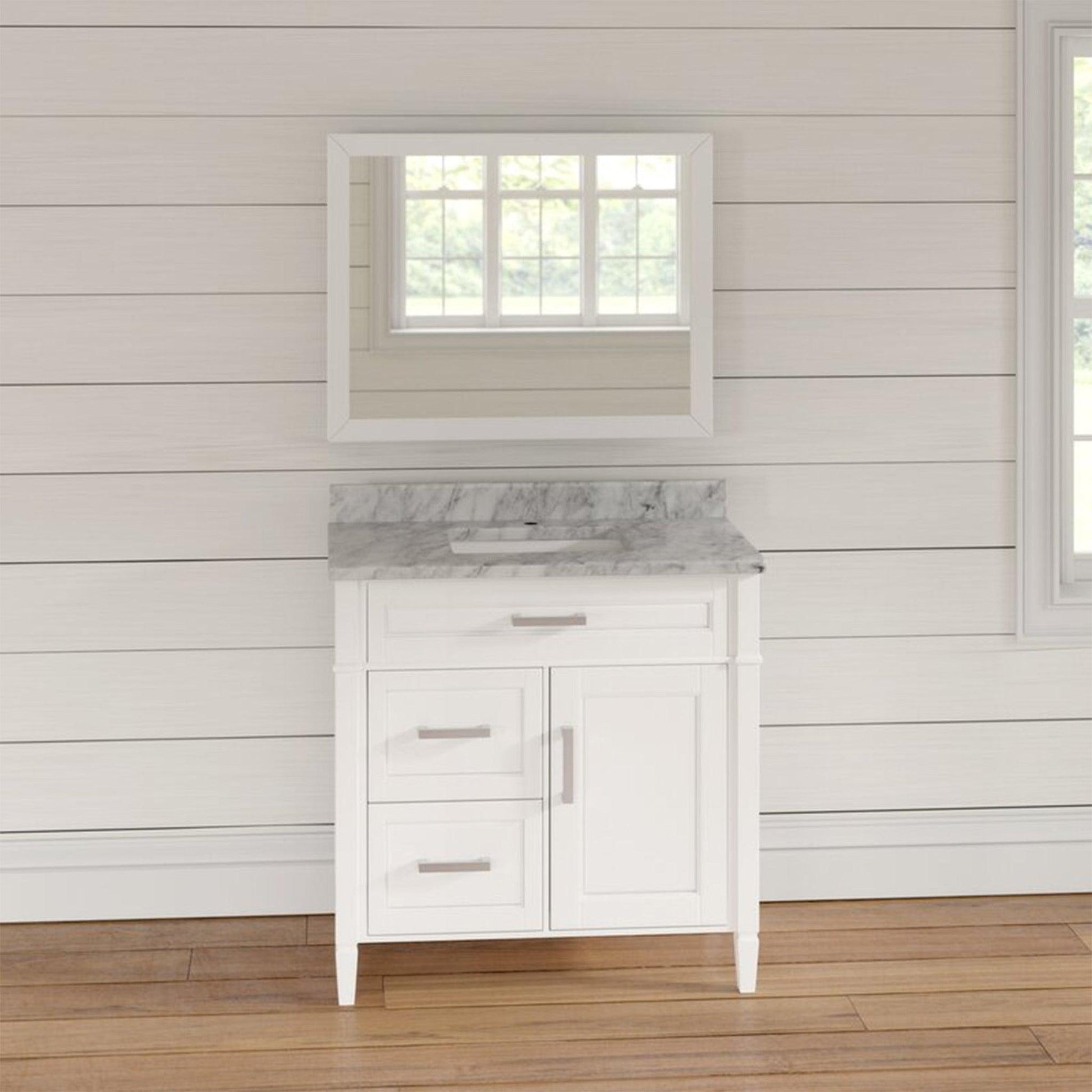 Vanity Art Savona 36" Single White Freestanding Modern Bathroom Vanity Set With Carrara Marble Top, Undermount Ceramic Sink, 3 Dovetail Drawer Cabinet, Backsplash and Mirror