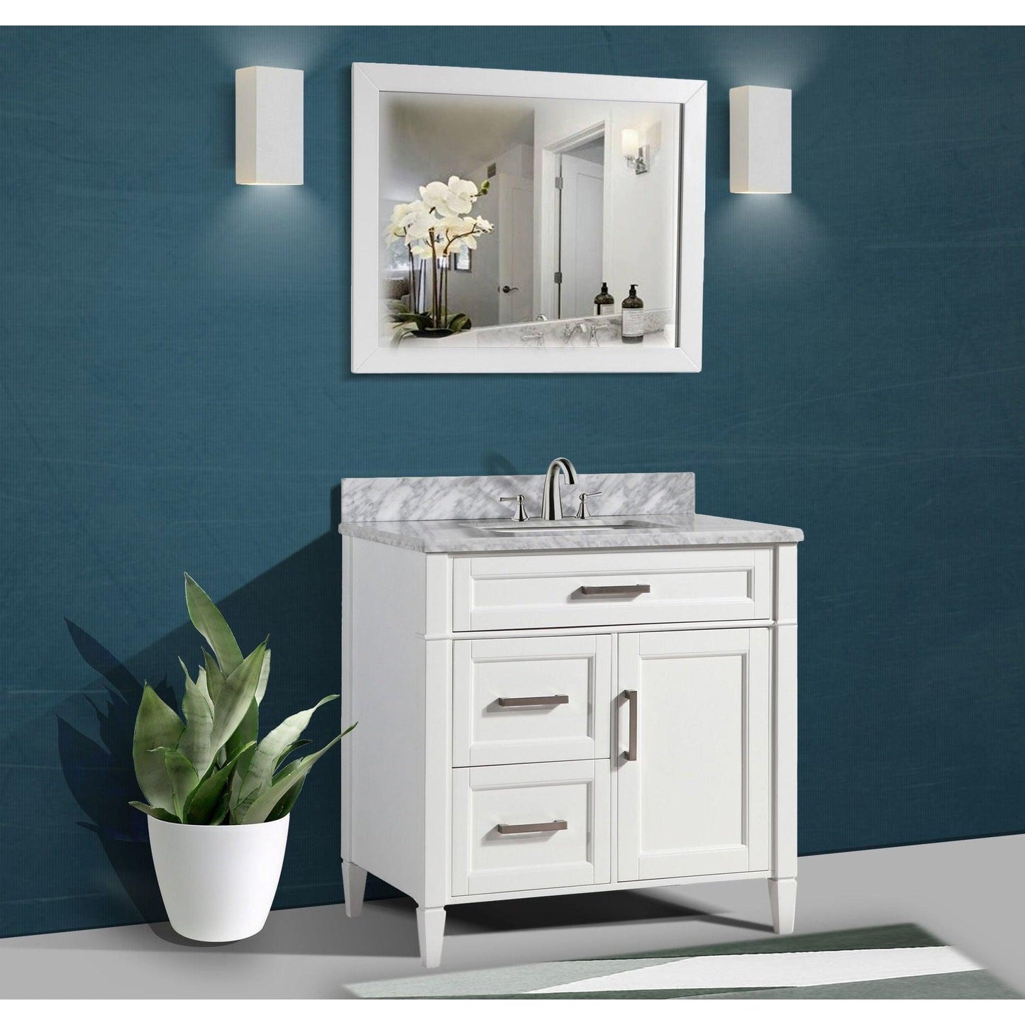 Vanity Art Savona 36" Single White Freestanding Modern Bathroom Vanity Set With Carrara Marble Top, Undermount Ceramic Sink, 3 Dovetail Drawer Cabinet, Backsplash and Mirror