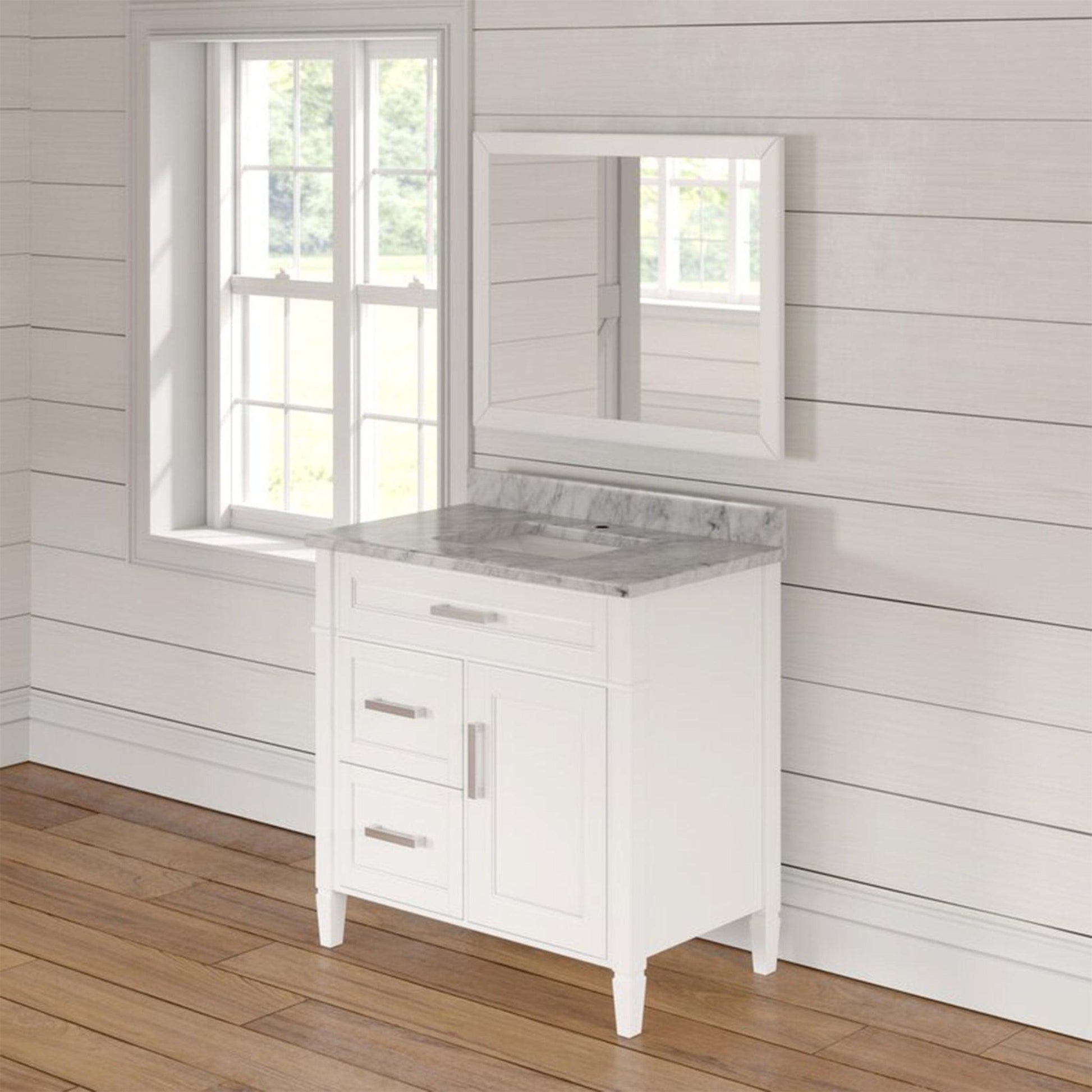 Vanity Art Savona 36" Single White Freestanding Modern Bathroom Vanity Set With Carrara Marble Top, Undermount Ceramic Sink, 3 Dovetail Drawer Cabinet, Backsplash and Mirror