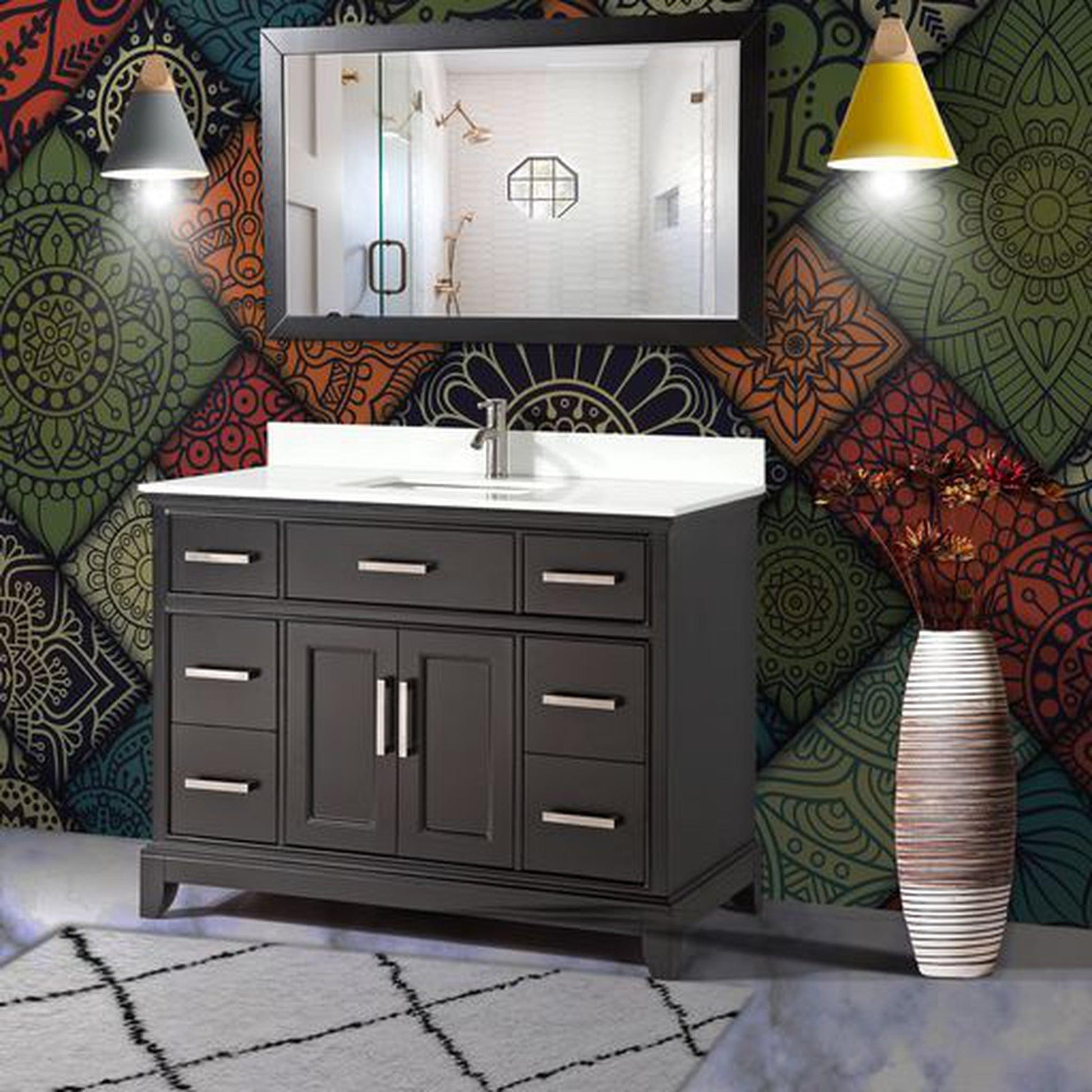 Vanity Art Savona 48" Single Espresso Freestanding Modern Bathroom Vanity Set With Carrara Marble Top, Undermount Ceramic Sink, 7 Dovetail Drawer Cabinet, Backsplash and Mirror