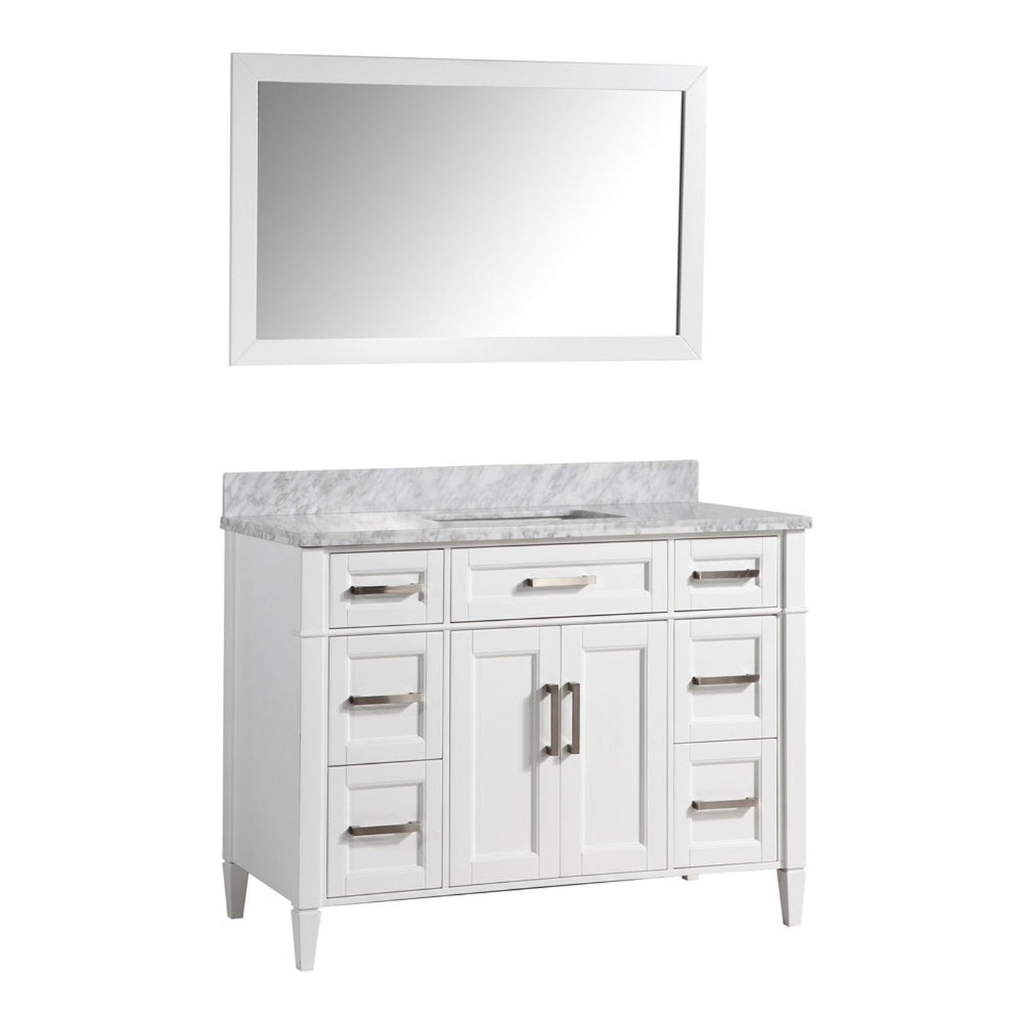 Vanity Art Savona 48" Single White Freestanding Modern Bathroom Vanity Set With Carrara Marble Top, Undermount Ceramic Sink, 7 Dovetail Drawer Cabinet, Backsplash and Mirror