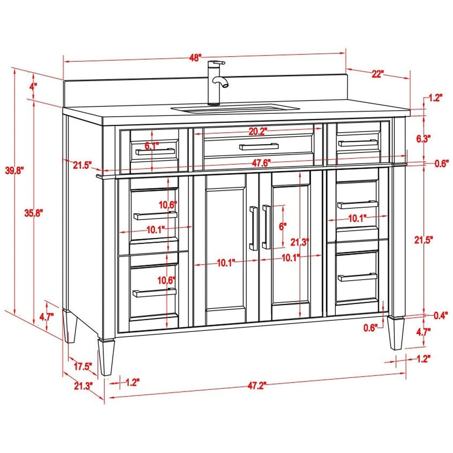 Vanity Art Savona 48" Single White Freestanding Modern Bathroom Vanity Set With Carrara Marble Top, Undermount Ceramic Sink, 7 Dovetail Drawer Cabinet, Backsplash and Mirror