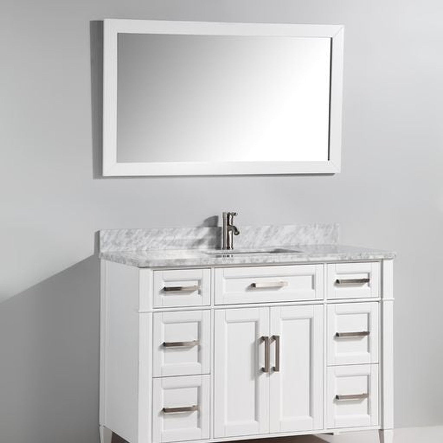 Vanity Art Savona 48" Single White Freestanding Modern Bathroom Vanity Set With Carrara Marble Top, Undermount Ceramic Sink, 7 Dovetail Drawer Cabinet, Backsplash and Mirror