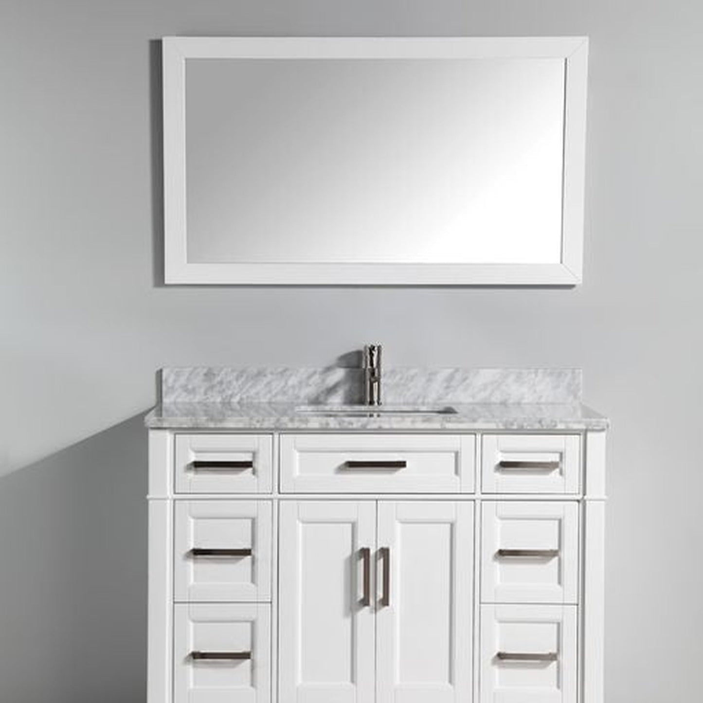 Vanity Art Savona 48" Single White Freestanding Modern Bathroom Vanity Set With Carrara Marble Top, Undermount Ceramic Sink, 7 Dovetail Drawer Cabinet, Backsplash and Mirror