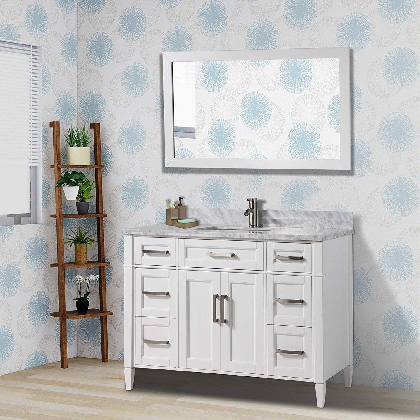 Vanity Art Savona 48" Single White Freestanding Modern Bathroom Vanity Set With Carrara Marble Top, Undermount Ceramic Sink, 7 Dovetail Drawer Cabinet, Backsplash and Mirror