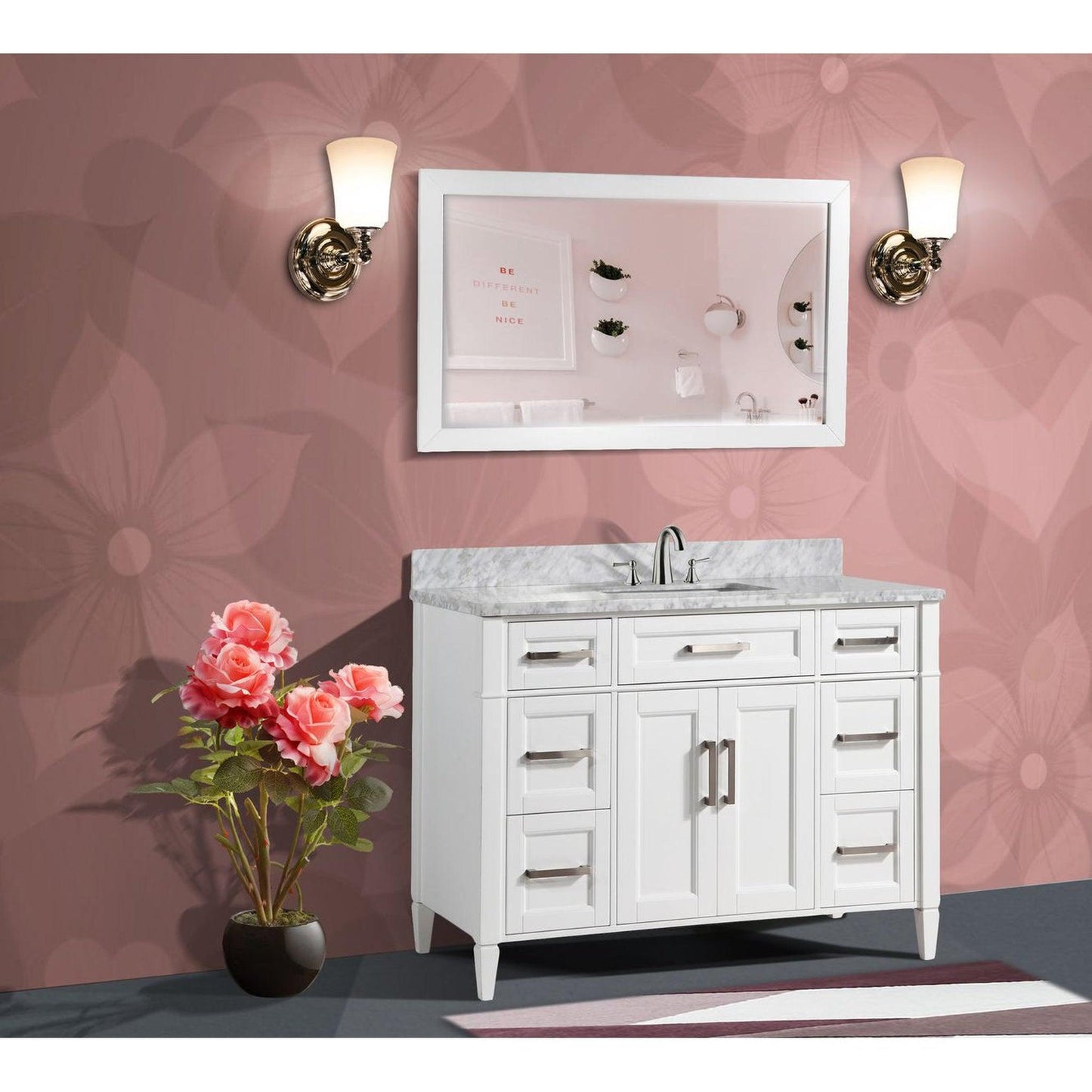 Vanity Art Savona 48" Single White Freestanding Modern Bathroom Vanity Set With Carrara Marble Top, Undermount Ceramic Sink, 7 Dovetail Drawer Cabinet, Backsplash and Mirror