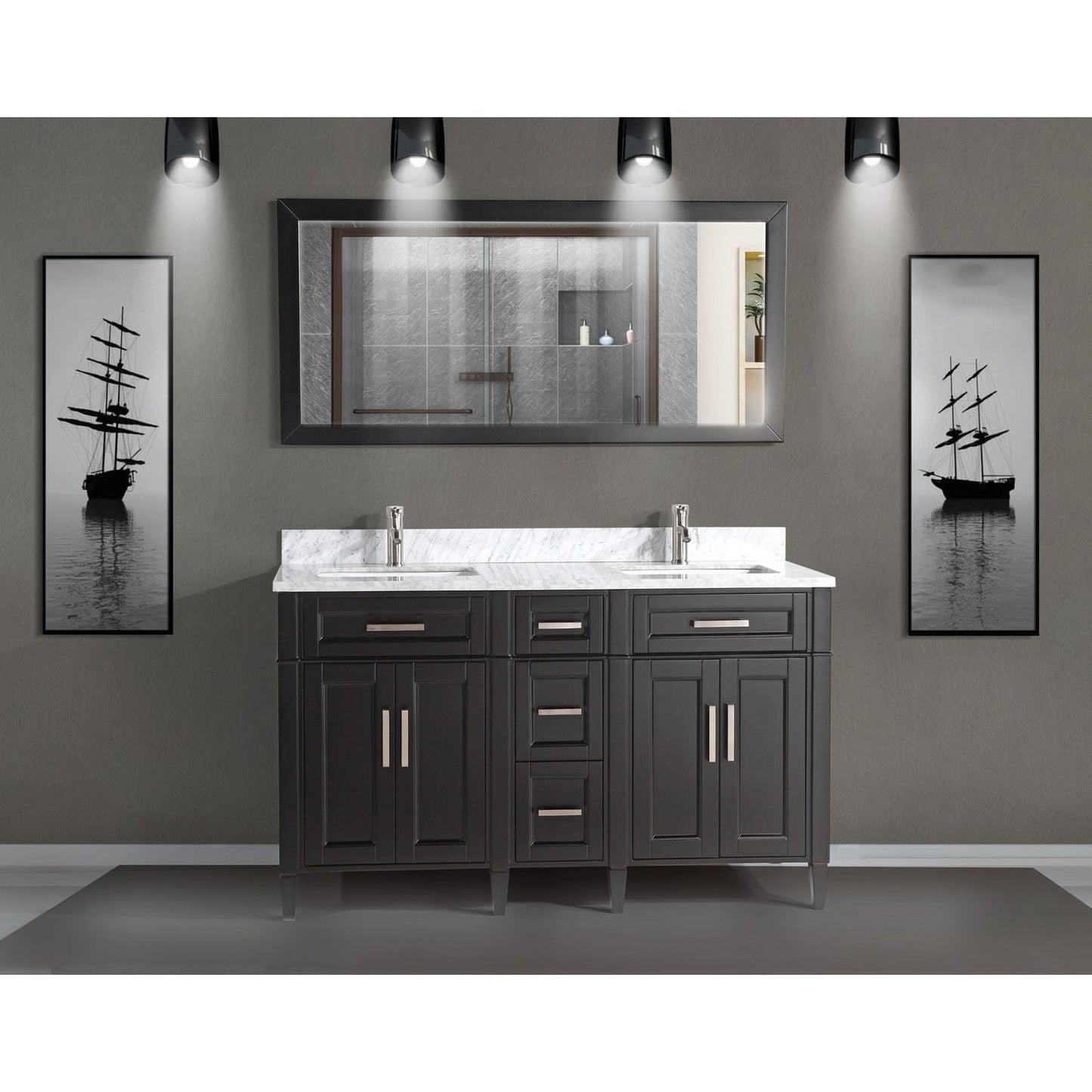 Vanity Art Savona 60" Double Espresso Freestanding Modern Bathroom Vanity Set With Carrara Marble Top, Undermount Ceramic Sink, 5 Dovetail Drawer Cabinet, Backsplash and Mirror