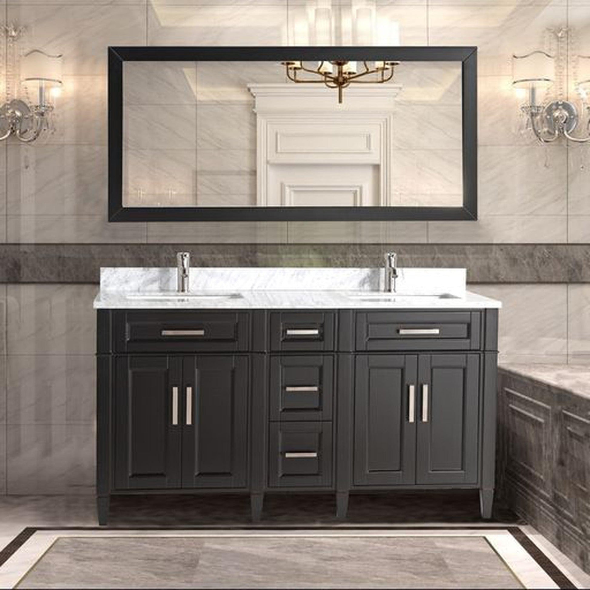 Vanity Art Savona 60" Double Espresso Freestanding Modern Bathroom Vanity Set With Carrara Marble Top, Undermount Ceramic Sink, 5 Dovetail Drawer Cabinet, Backsplash and Mirror