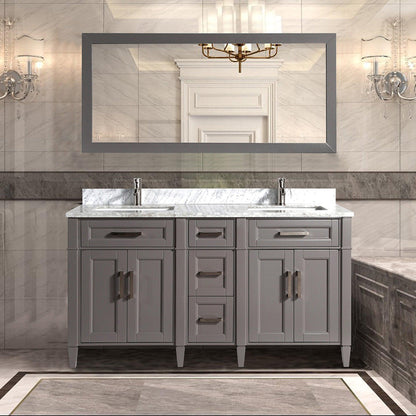 Vanity Art Savona 60" Double Gray Freestanding Modern Bathroom Vanity Set With Carrara Marble Top, Undermount Ceramic Sink, 5 Dovetail Drawer Cabinet, Backsplash and Mirror