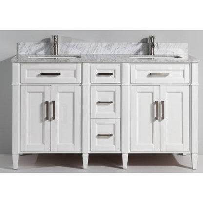 Vanity Art Savona 60" Double White Freestanding Modern Bathroom Vanity Set With Carrara Marble Top, Undermount Ceramic Sink, 5 Dovetail Drawer Cabinet, Backsplash and Mirror