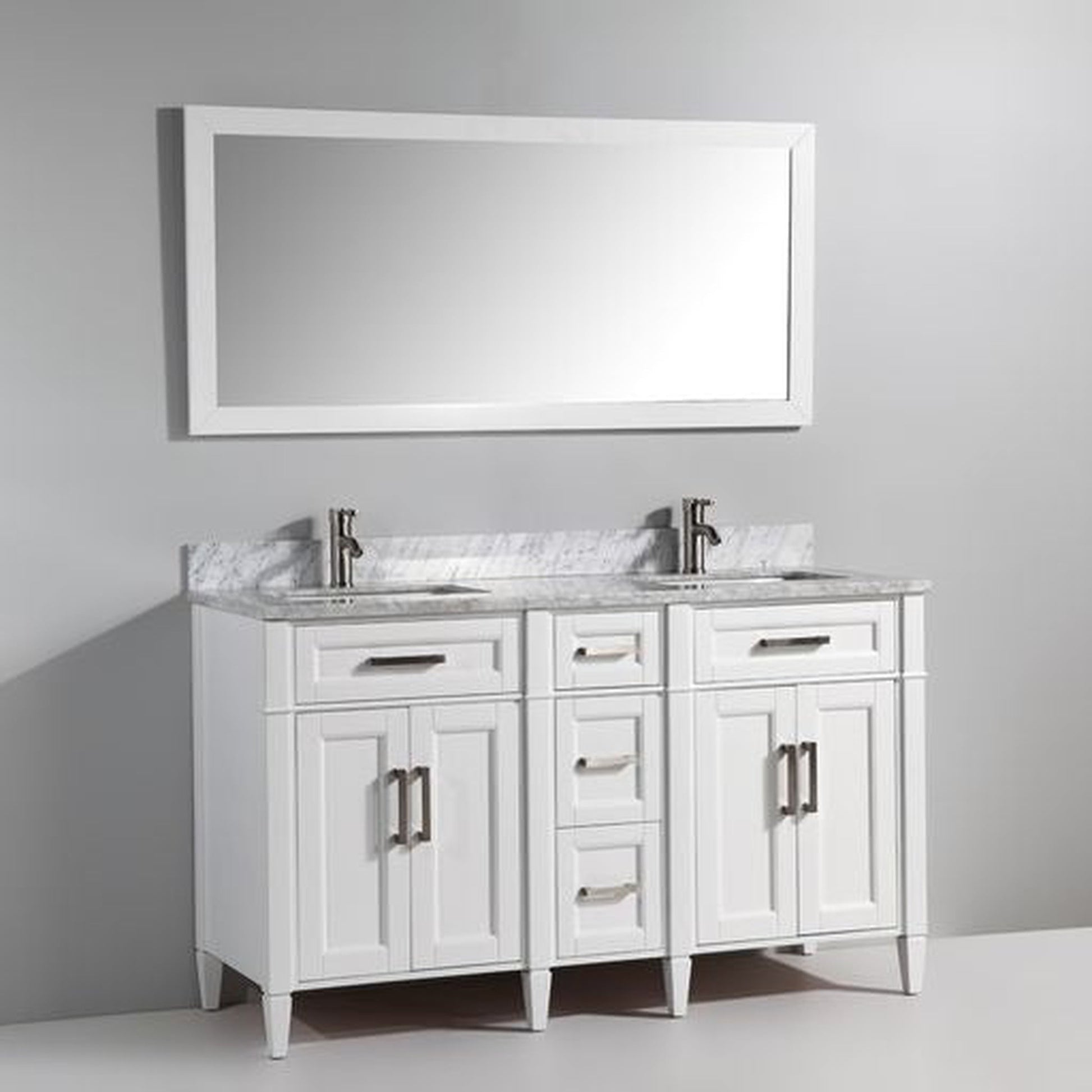 Vanity Art Savona 60" Double White Freestanding Modern Bathroom Vanity Set With Carrara Marble Top, Undermount Ceramic Sink, 5 Dovetail Drawer Cabinet, Backsplash and Mirror