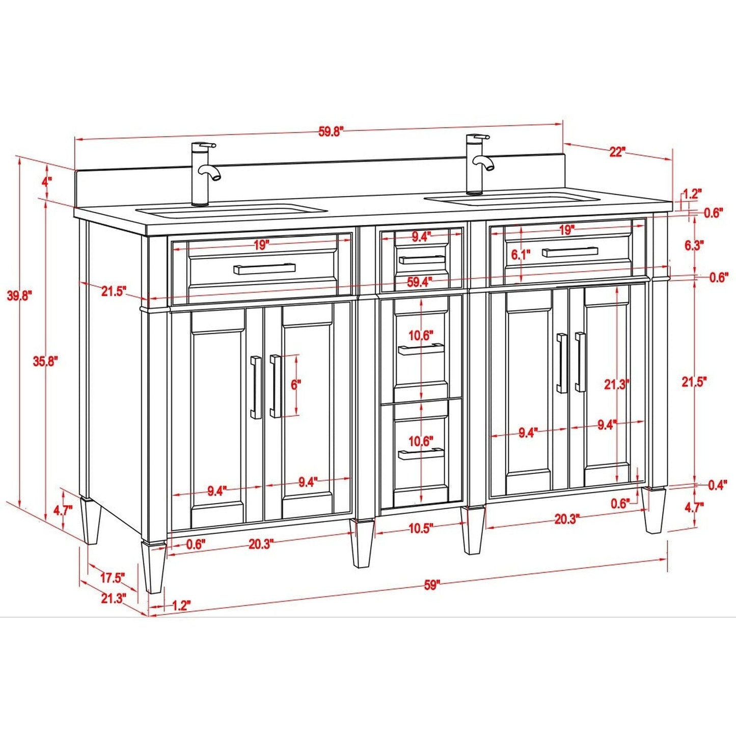 Vanity Art Savona 60" Double White Freestanding Modern Bathroom Vanity Set With Carrara Marble Top, Undermount Ceramic Sink, 5 Dovetail Drawer Cabinet, Backsplash and Mirror