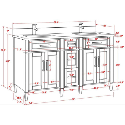 Vanity Art Savona 60" Double White Freestanding Modern Bathroom Vanity Set With Carrara Marble Top, Undermount Ceramic Sink, 5 Dovetail Drawer Cabinet, Backsplash and Mirror