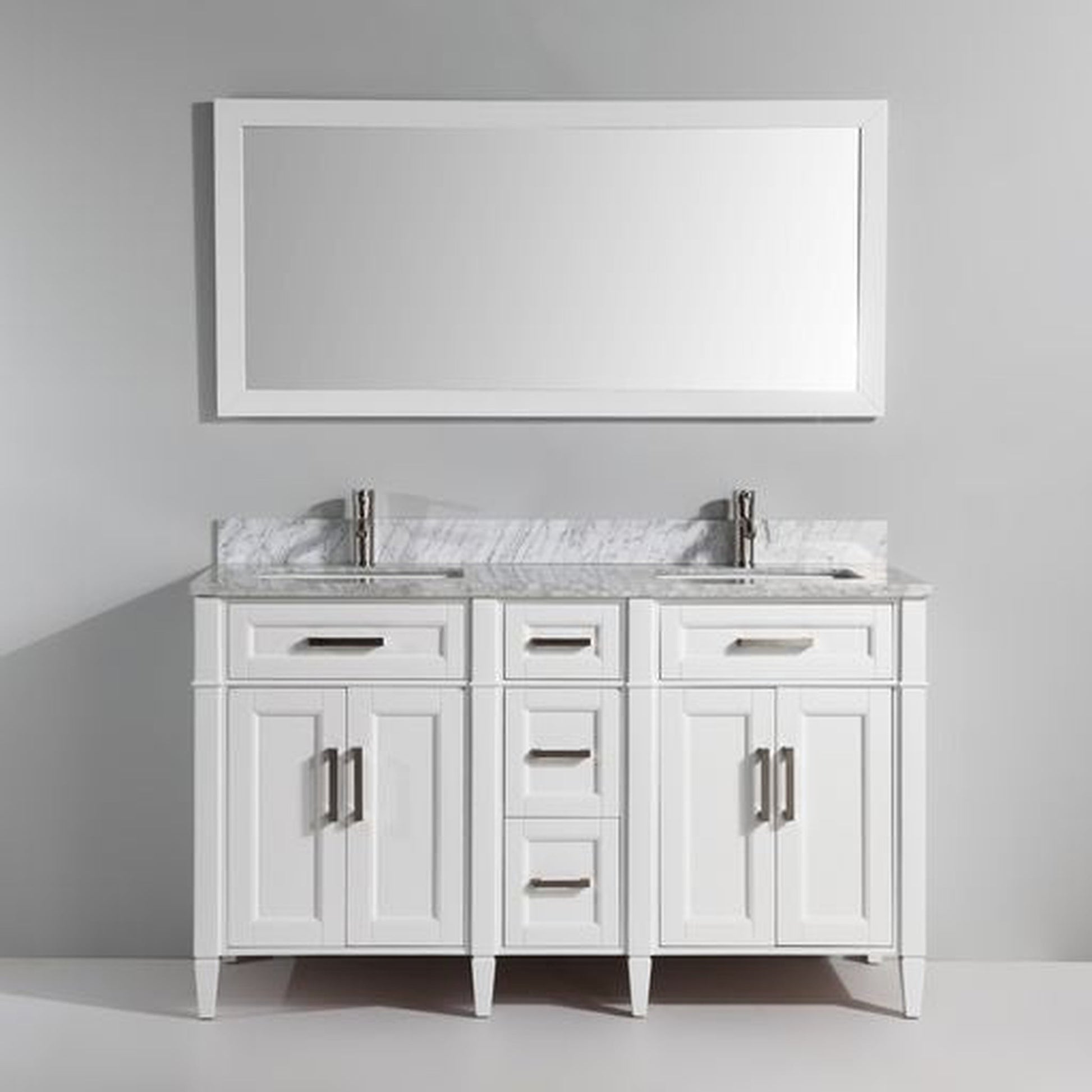 Vanity Art Savona 60" Double White Freestanding Modern Bathroom Vanity Set With Carrara Marble Top, Undermount Ceramic Sink, 5 Dovetail Drawer Cabinet, Backsplash and Mirror