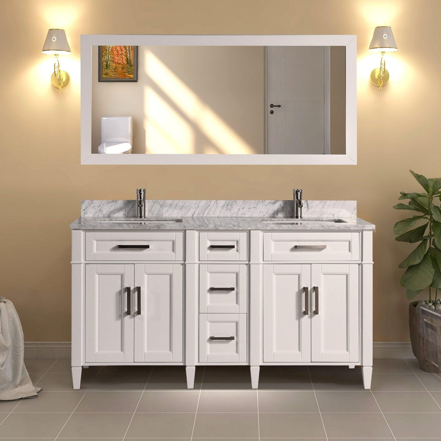 Vanity Art Savona 60" Double White Freestanding Modern Bathroom Vanity Set With Carrara Marble Top, Undermount Ceramic Sink, 5 Dovetail Drawer Cabinet, Backsplash and Mirror