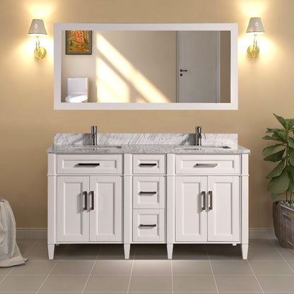 Vanity Art Savona 60" Double White Freestanding Modern Bathroom Vanity Set With Carrara Marble Top, Undermount Ceramic Sink, 5 Dovetail Drawer Cabinet, Backsplash and Mirror