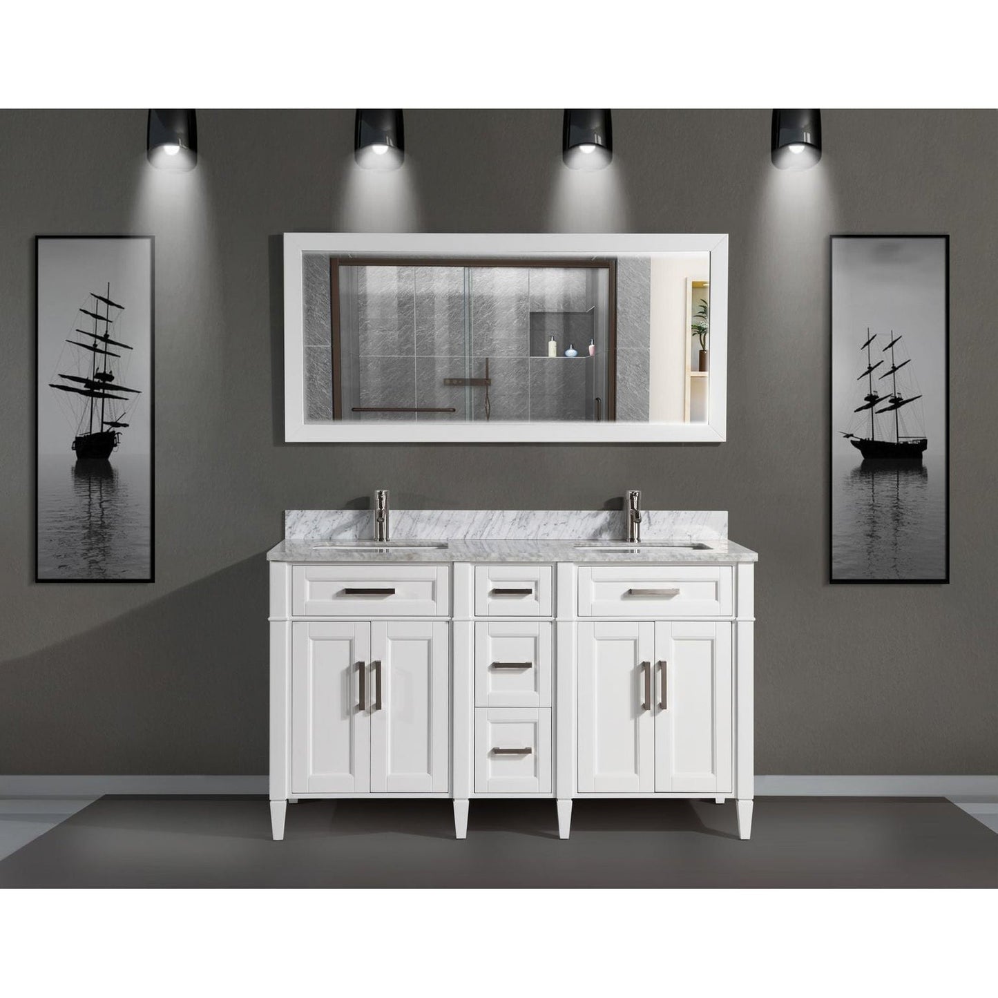 Vanity Art Savona 60" Double White Freestanding Modern Bathroom Vanity Set With Carrara Marble Top, Undermount Ceramic Sink, 5 Dovetail Drawer Cabinet, Backsplash and Mirror