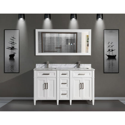Vanity Art Savona 60" Double White Freestanding Modern Bathroom Vanity Set With Carrara Marble Top, Undermount Ceramic Sink, 5 Dovetail Drawer Cabinet, Backsplash and Mirror