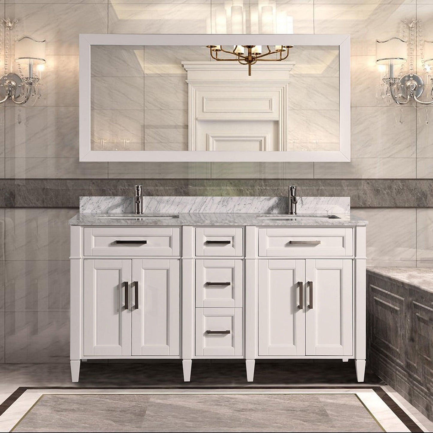 Vanity Art Savona 60" Double White Freestanding Modern Bathroom Vanity Set With Carrara Marble Top, Undermount Ceramic Sink, 5 Dovetail Drawer Cabinet, Backsplash and Mirror