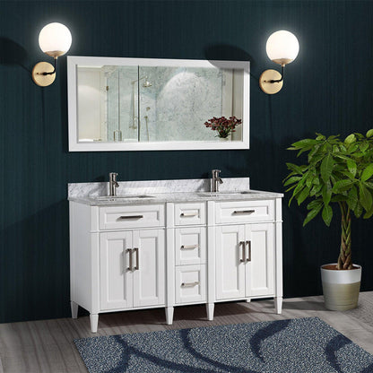 Vanity Art Savona 60" Double White Freestanding Modern Bathroom Vanity Set With Carrara Marble Top, Undermount Ceramic Sink, 5 Dovetail Drawer Cabinet, Backsplash and Mirror