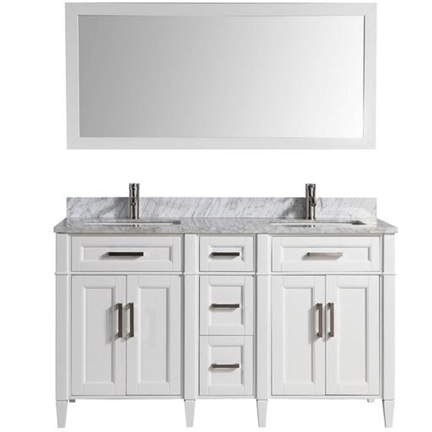 Vanity Art Savona 60" Double White Freestanding Modern Bathroom Vanity Set With Carrara Marble Top, Undermount Ceramic Sink, 5 Dovetail Drawer Cabinet, Backsplash and Mirror