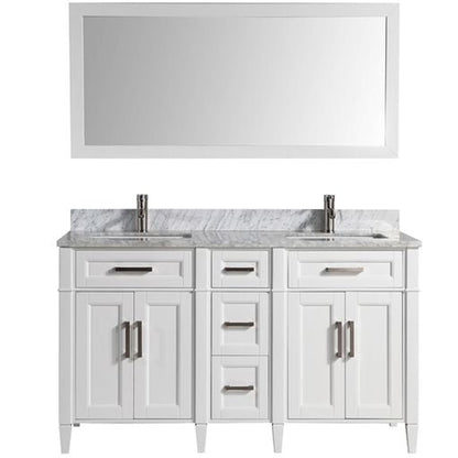 Vanity Art Savona 60" Double White Freestanding Modern Bathroom Vanity Set With Carrara Marble Top, Undermount Ceramic Sink, 5 Dovetail Drawer Cabinet, Backsplash and Mirror