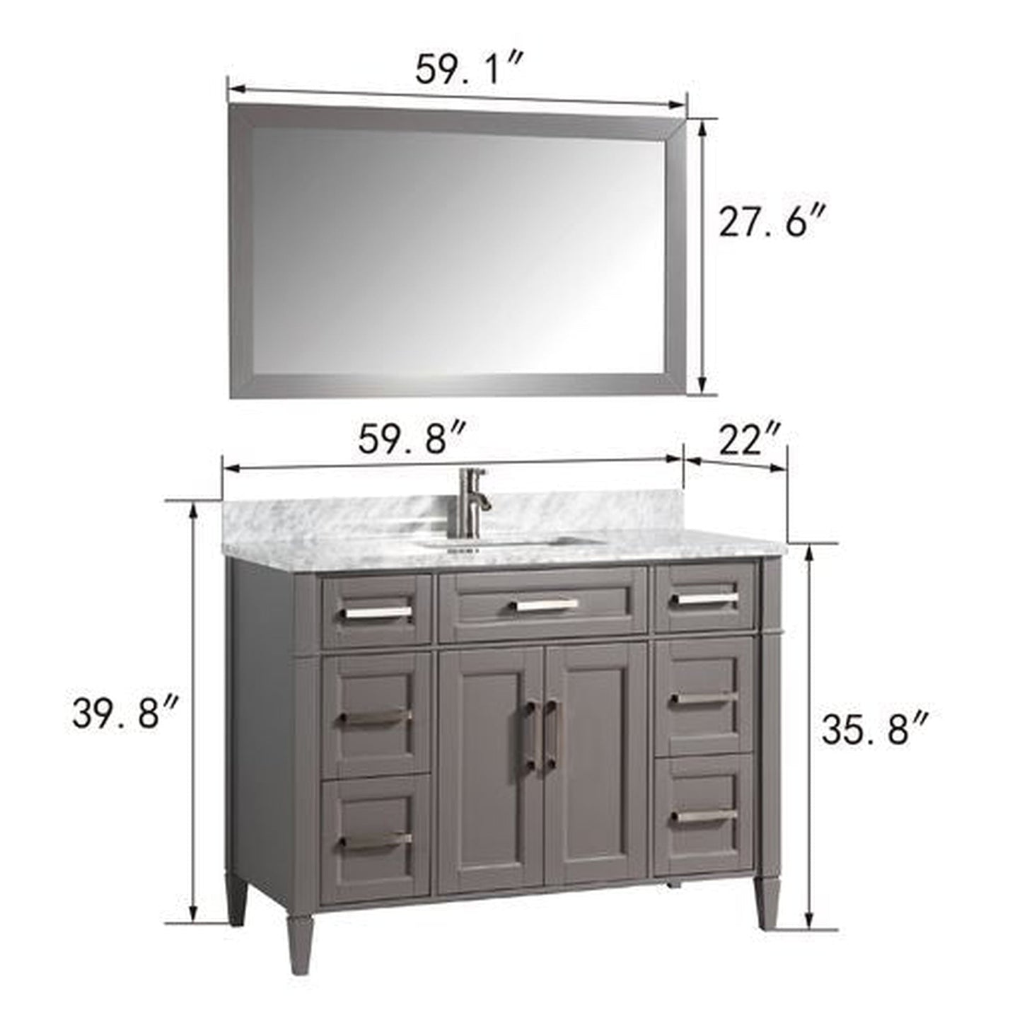 Vanity Art Savona 60" Single Gray Freestanding Modern Bathroom Vanity Set With Carrara Marble Top, Undermount Ceramic Sink, 7 Dovetail Drawer Cabinet, Backsplash and Mirror