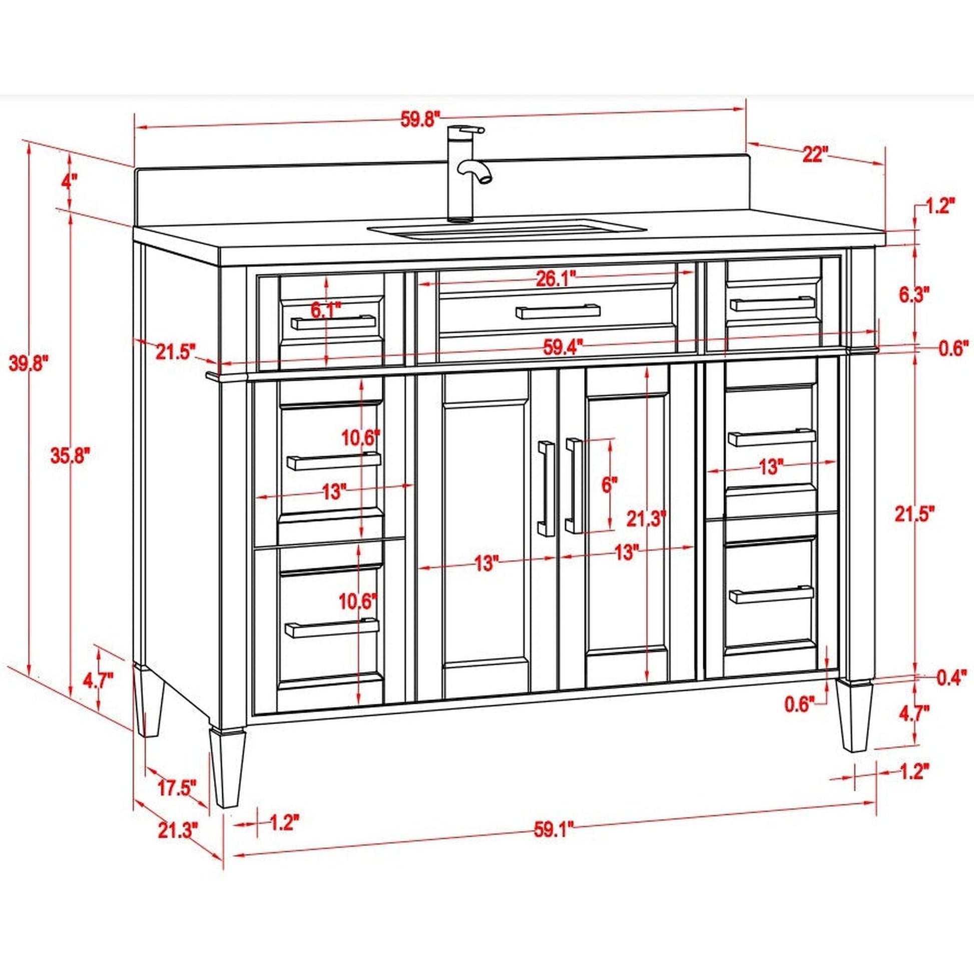 Vanity Art Savona 60" Single Gray Freestanding Modern Bathroom Vanity Set With Carrara Marble Top, Undermount Ceramic Sink, 7 Dovetail Drawer Cabinet, Backsplash and Mirror