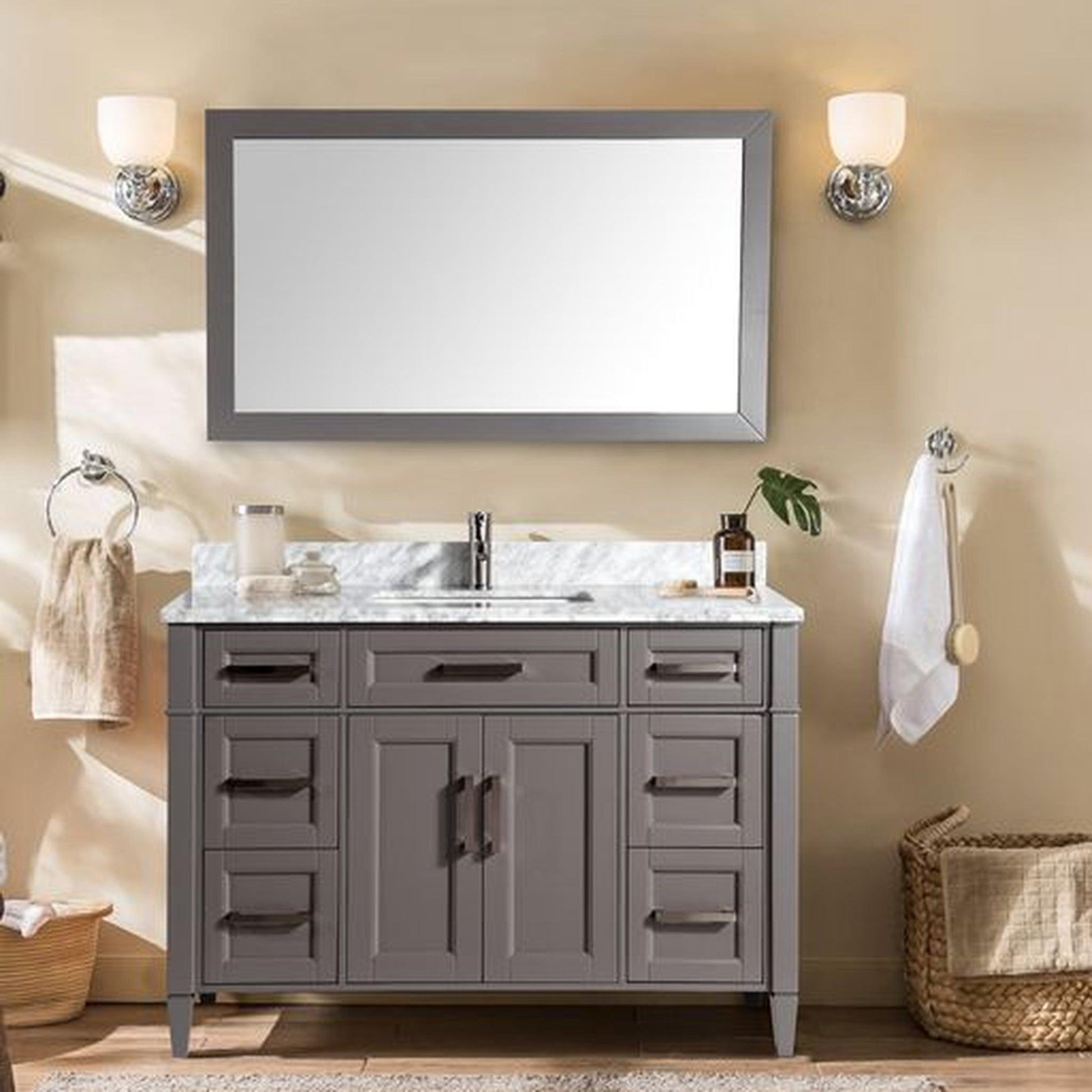 Vanity Art Savona 60" Single Gray Freestanding Modern Bathroom Vanity Set With Carrara Marble Top, Undermount Ceramic Sink, 7 Dovetail Drawer Cabinet, Backsplash and Mirror