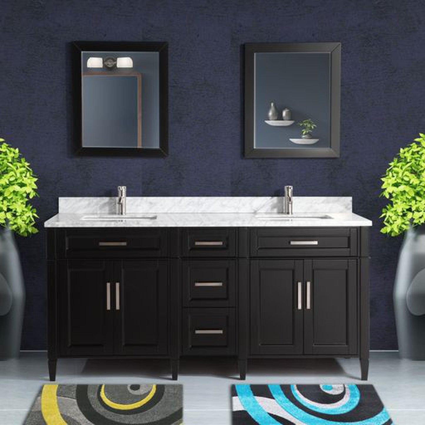 Vanity Art Savona 72" Double Espresso Freestanding Modern Bathroom Vanity Set With Carrara Marble Top, Undermount Ceramic Sink, 5 Dovetail Drawer Cabinet, Backsplash and 2 Mirrors