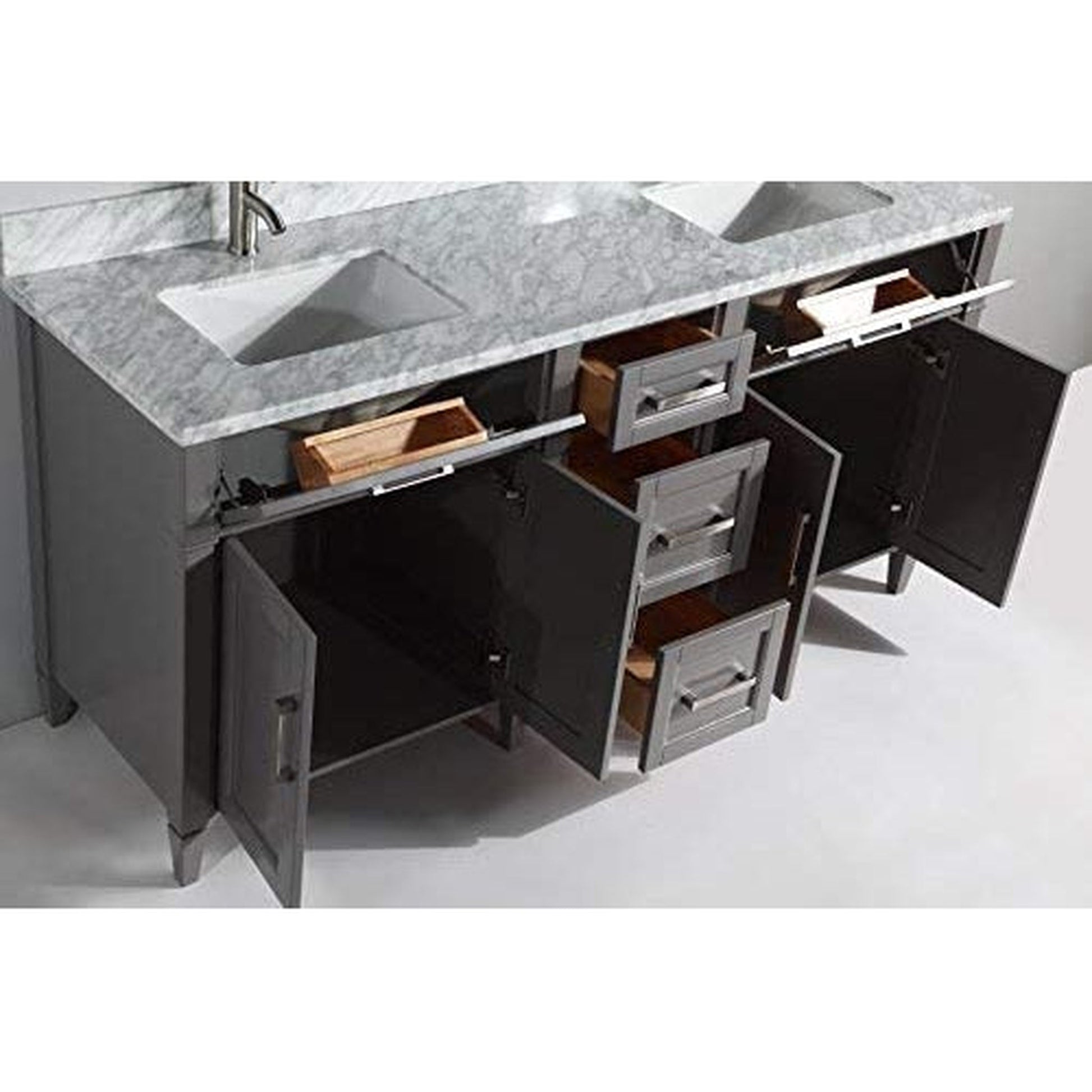 Vanity Art Savona 72" Double Espresso Freestanding Modern Bathroom Vanity Set With Carrara Marble Top, Undermount Ceramic Sink, 5 Dovetail Drawer Cabinet, Backsplash and 2 Mirrors