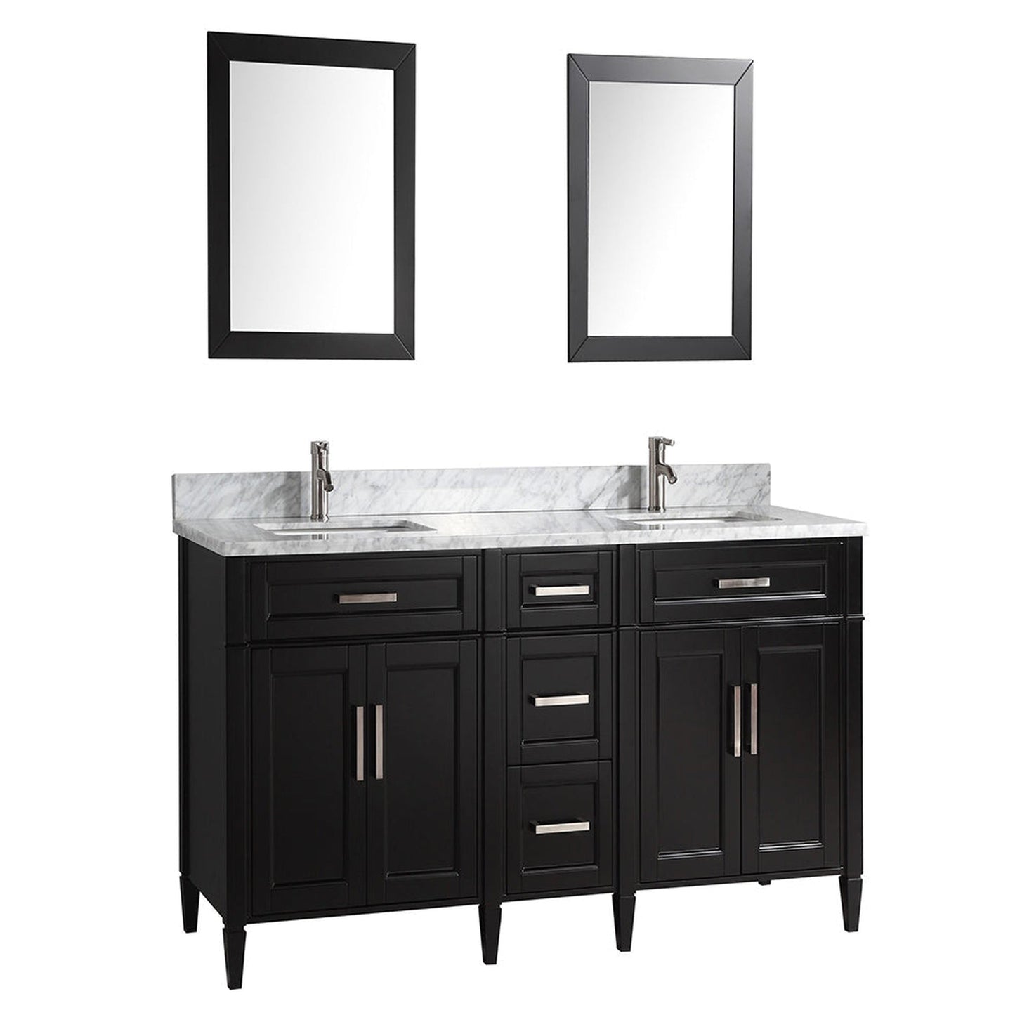 Vanity Art Savona 72" Double Espresso Freestanding Modern Bathroom Vanity Set With Carrara Marble Top, Undermount Ceramic Sink, 5 Dovetail Drawer Cabinet, Backsplash and 2 Mirrors