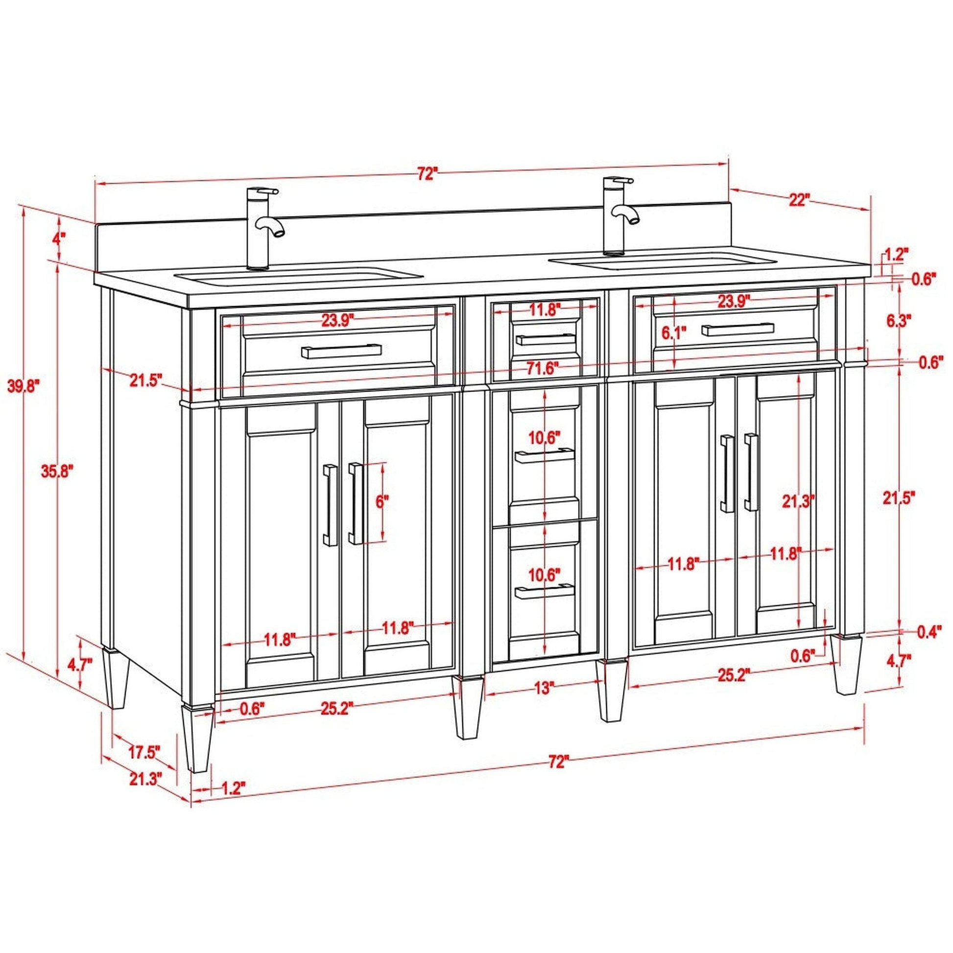 Vanity Art Savona 72" Double Espresso Freestanding Modern Bathroom Vanity Set With Carrara Marble Top, Undermount Ceramic Sink, 5 Dovetail Drawer Cabinet, Backsplash and 2 Mirrors