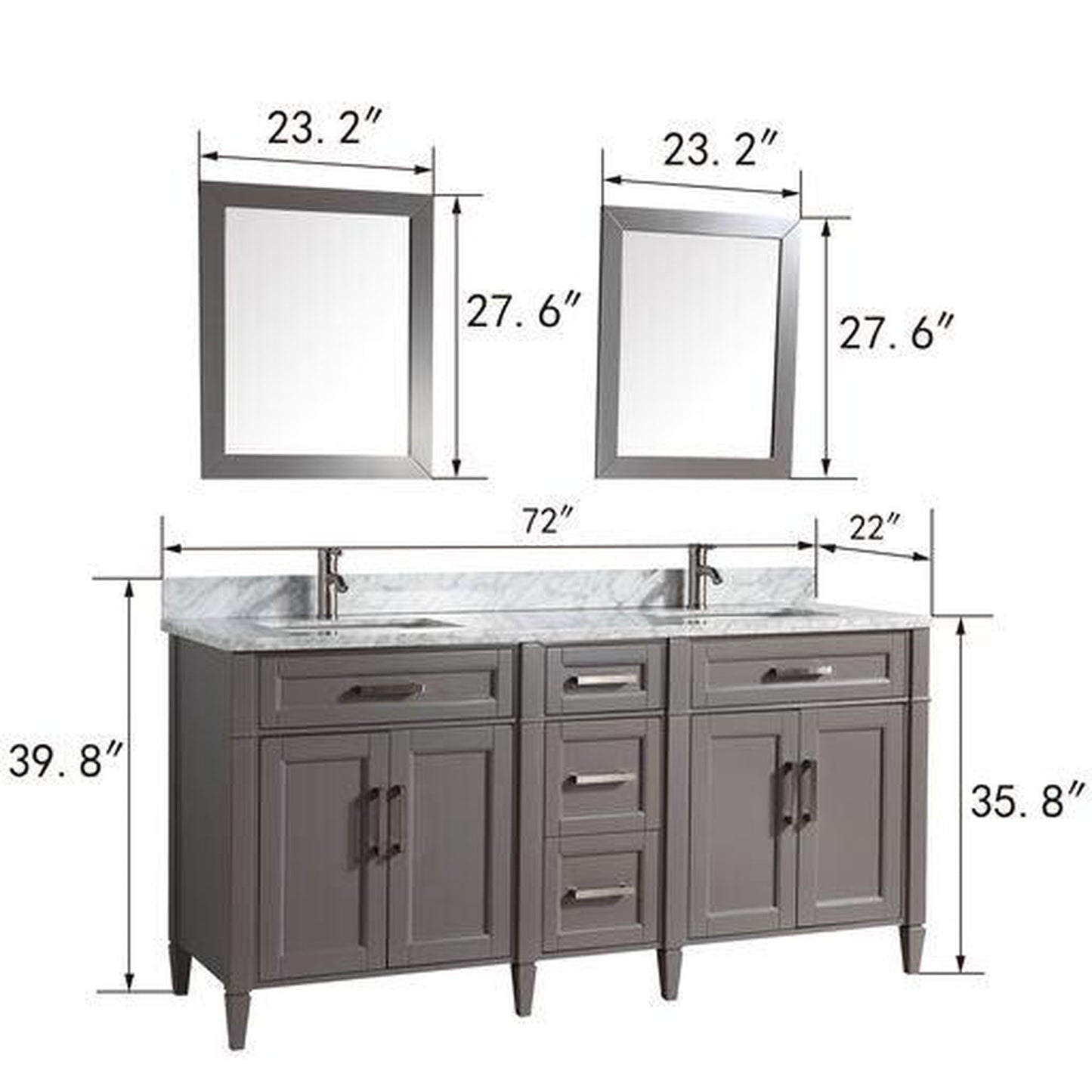Vanity Art Savona 72" Double Espresso Freestanding Modern Bathroom Vanity Set With Carrara Marble Top, Undermount Ceramic Sink, 5 Dovetail Drawer Cabinet, Backsplash and 2 Mirrors