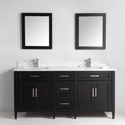 Vanity Art Savona 72" Double Espresso Freestanding Modern Bathroom Vanity Set With Carrara Marble Top, Undermount Ceramic Sink, 5 Dovetail Drawer Cabinet, Backsplash and 2 Mirrors