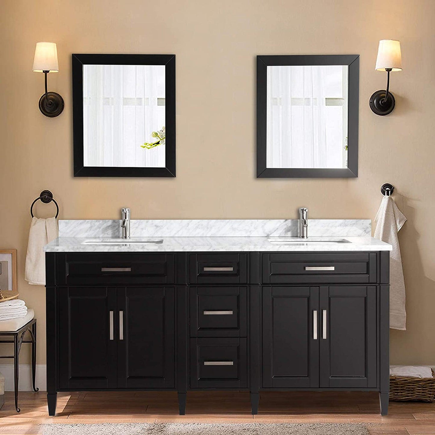 Vanity Art Savona 72" Double Espresso Freestanding Modern Bathroom Vanity Set With Carrara Marble Top, Undermount Ceramic Sink, 5 Dovetail Drawer Cabinet, Backsplash and 2 Mirrors